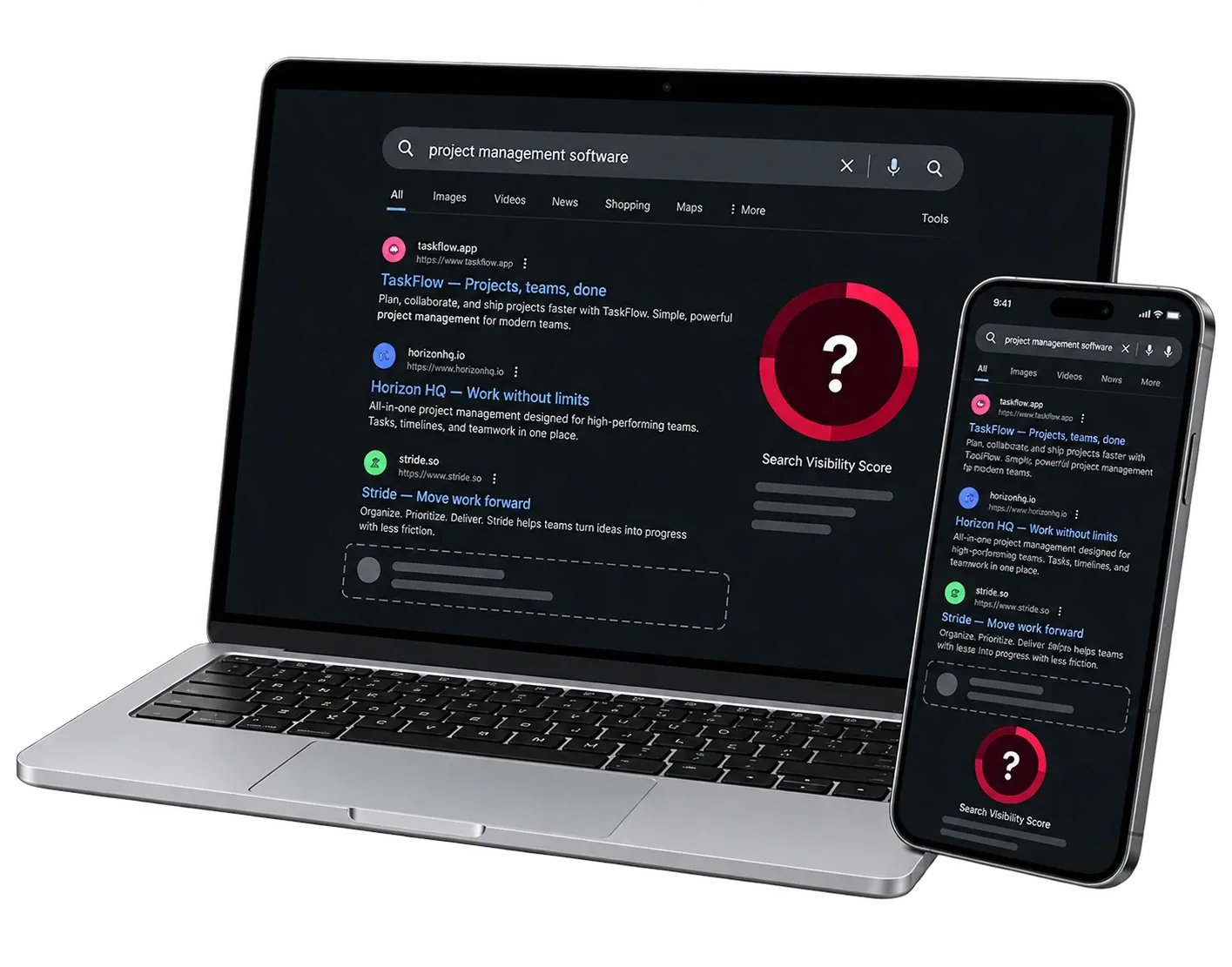 Freigestelltes Laptop- und Smartphone-Mockup zeigt Google-Suchergebnisse und einen Sichtbarkeits-Score