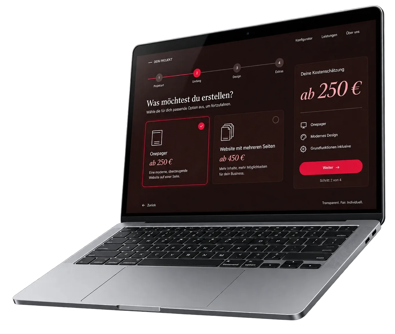 Freigestelltes Laptop-Mockup zeigt die Website-Konfigurator-Oberfläche mit Kostenschätzung